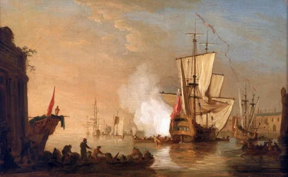 Britisches Kriegsschiff feuert zur Begrüßung bei der Ankunft im Hafen, dessen Gebäude einen Hafen im Mittelmeerraum darstellen. Um 1765, von Samuel Scott (1702-1772).