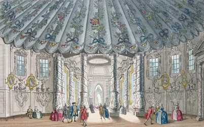 Innenansicht des eleganten Musikzimmers in den Vauxhall Gardens, graviert von H. Roberts, 1752