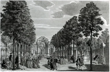 Die Triumphbögen, Händels Statue im Südgang der Vauxhall Gardens, graviert von John S. Muller