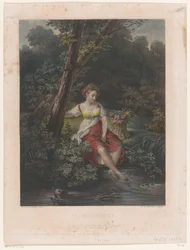 Junge Frau mit Blumenkranz und Füßen im Wasser