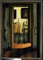 Die Pantoffeln. Interieur eines Hauses in Holland, flämische Schule, 17. Jahrhundert, Maße 1,03 x 0,70 m, Paris, Musée du Louvre