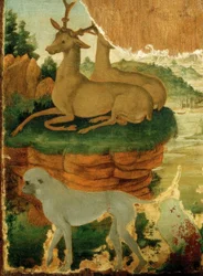 Landschaft mit Rehböcken und Affen