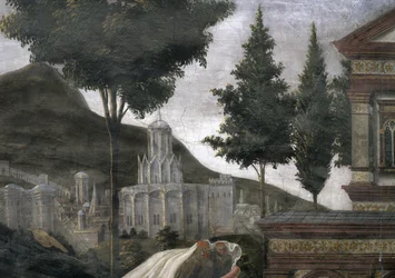 Die Reinigung des Aussätzigen und die Versuchung Christi, in der Sixtinischen Kapelle: Detail einer imaginären Stadt in einer Landschaft, 1481