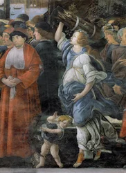 Die Reinigung des Aussätzigen und die Versuchung Christi, in der Sixtinischen Kapelle: Detail einer Frau, die Feuerholz trägt, und eines Jungen, der Trauben trägt, 1481