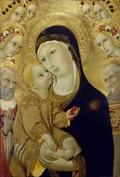 Madonna mit Kind, den Heiligen Hieronymus und Bernhardin von Siena sowie sechs Engeln