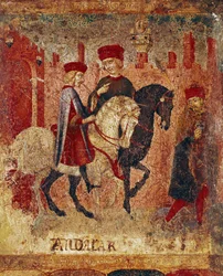 Detail Steuerinspektoren. Holzmalerei von Sano di Pietro (1406-1481), die eine Biccherna (Umschlag des Rechnungsregisters der Stadt Siena) dekoriert. 15. Jahrhundert. Siena, Staatsarchiv, Italien.