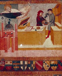 Der Kämmerer wäscht symbolisch seine Hände, während die schützende Jungfrau über Siena fliegt (Detail)