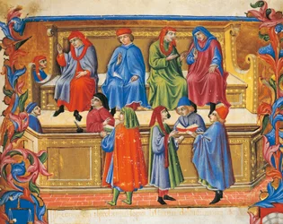 Handelsgericht Miniatur aus den Statuten der Kaufleute von Sano di Pietro, Italien, 15. Jahrhundert