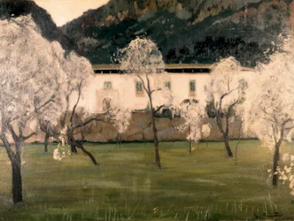 Landschaft mit Blumen in Bäumen. Gemälde von Santiago Rusinol y Prats (1861-1931). Öl auf Leinwand. Barcelona. Nationalmuseum für Kunst von Katalonien.