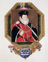Porträt von William Cecil, 1. Baron Burghley, aus Memoirs of the Court of Queen Elizabeth, nach einem Bild von Marcus Gheeraerts dem Jüngeren, veröffentlicht 1825