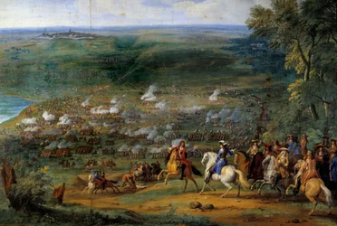 Dreißigjähriger Krieg: „Ansicht der Schlacht von Rocroy (Rocroi) am 19.05.1643 zwischen den französischen Truppen des Herzogs von Enghien und den spanischen Truppen von Francisco de Melo“ (Detail) Gemälde von Sauveur Le Conte (1659-1694)