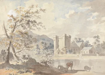 Schloss unter Bergen mit Pferden an einem Fluss