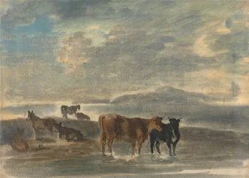Pferde und Kühe in einer hügeligen Landschaft