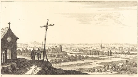 Landschaft mit Kirche und Stadt in der Ferne