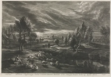 Landschaft mit Hirten, der eine Flöte spielt