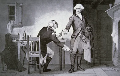 Amerikanischer Verräter: General Benedict Arnold weist Andre an, Papiere in seinem Stiefelschaft zu verstecken