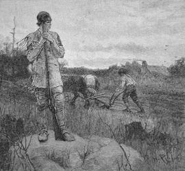 Bewachung einer Farm gegen einen Indianerangriff, nach einer Illustration von Howard Pyle