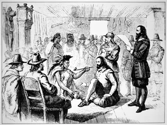 Massasoit, Häuptling der Wampanoag, reicht John Carver 1621 die Friedenspfeife