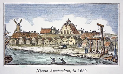 Neu-Amsterdam (später New York) auf der Insel Manhattan, aus einer Ansicht, die 1659 veröffentlicht wurde