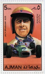 VAE-Briefmarke, die den australischen Rennfahrer Jack Brabham (geb. 1926) darstellt