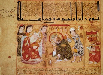 Heraklid von Tarent in der Apotheke. Im 3. Jahrhundert erfand der griechische Arzt Galien die Theriade, das erste Gegengift gegen Gifte auf Basis von Mohnsaft. Miniatur im „Buch der Theriak (Kitab al-Diryaq)“, Folio 17.