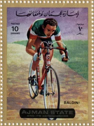 Briefmarke der VAE, die den Radfahrer Ercole Baldini darstellt (geb. 1933).