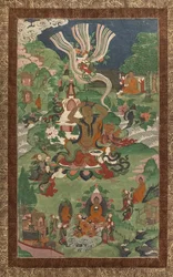 Haarschnitt und andere Szenen. Thangka aus einer Fortsetzung, die den Hauptereignissen im Leben des Buddha gewidmet ist.