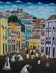 Naive Malerei mit einer Straßenszene, Bundesstaat Bahia, Brasilien