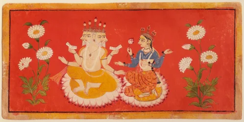 Brahma sitzt mit Saraswati, Brahma hält die vier Veden und Saraswati hält ein Lotusblatt, ca. 1650