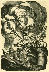 Genosse, alle zusammen, Liu Lun Kriegsszene. Holzschnitt, in "Holzschnitte aus Kriegszeiten in China 1937-1945", Shanghai