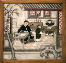 Dekorative Marmorplatte, die Buchstaben in ihrem Kabinett darstellt. Bemalter Marmor, Qing-Dynastie (1644-1911), chinesische Kunst. Musée d