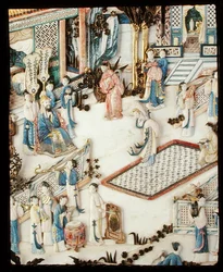 Detail eines Panels, das einen Würdenträger zeigt, der eine Tänzerin beobachtet, Qianlong-Periode