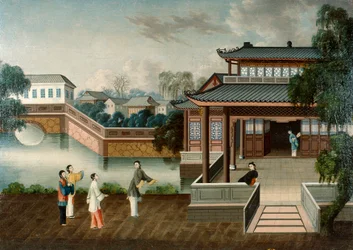 Figuren nähern sich einem Herrenhaus am Fluss, ca. 1800