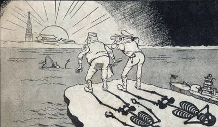 General MacArthur mit seinem Skelettschatten beim Blick auf die Zwillinge der Volksrepublik China. Karikatur in "Satirische Zeichnungen", Peking