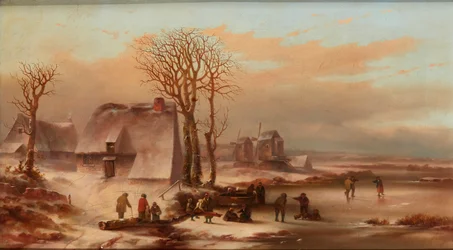 Eine Winterlandschaft mit Figuren auf einem zugefrorenen See
