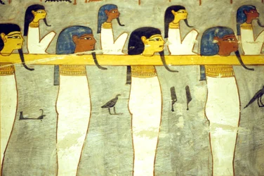 Altes Ägypten, Malerei, Götter der Unterwelt an Hathor, göttliche Kuh, gebunden, ziehen die Sonnenbarke, Grab des Ramses I., Theben