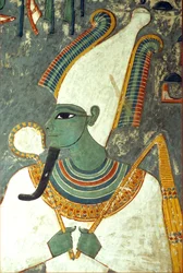 Altes Ägypten, Malerei, Osiris, Grab des Haremhab, Theben, Gott des Jenseits, der Unterwelt und der Toten, grünhäutig mit Pharaonenbart, eine Krone mit zwei großen Straußenfedern an beiden Seiten tragend und symbolischen Krummstab und Geißel haltend