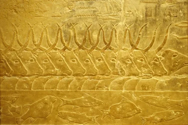 Altes Ägypten, Wandrelief, Mastaba/Grab von Idout, Saqqara, 2323-2150 v. Chr., Vieh durchquert einen Fluss