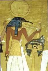 Altes Ägypten, Wandmalerei, Grab des Inherkhau, Theben, Gott Thoth stellt den Verstorbenen Osiris vor, 20. Dynastie, Ibis-köpfiger Gott mit Mondscheibe