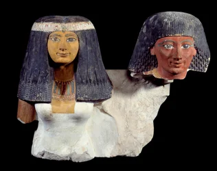 Kunst des Alten Ägypten: Senynefer und seine Frau Hatschepsut (1410 v. Chr.). Skulptur der 18. Dynastie Neues Reich. Paris, Louvre Museum
