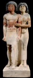 Ägyptische Antike: Kalkstein-Statue des Paares Raherka und Meresankh. 5. Dynastie. Altes Reich (ca. 2700-2200 v. Chr.). Sonne 0,52x0,21 m Paris, Musée du Louvre