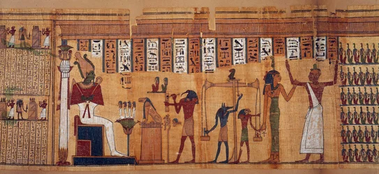 Ägyptische Altertümer: das Wiegen der Seelen, Papyrus aus dem Totenbuch des Chahapiimou, Vorsteher der Astronomen des Amun. Ptolemäische Zeit (332-30 v. Chr.), um 500-100 v. Chr. Paris, Louvre