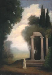 Eine Figur und ein Tempel