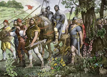 Kent-Männer ziehen in die Schlacht, um England während der normannischen Invasion 1066 zu verteidigen (Farbgravur)
