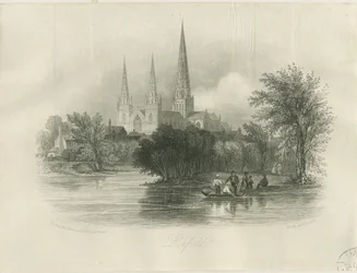 Lichfield Cathedral - Südwestansicht: Gravur (vignettierte), nd [ca. 1842] (Druck)