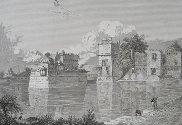 Palast von Ranee Bheem und Pudmundi in Cheetore (Chitor, Udaipur-Staat) (Gravur)