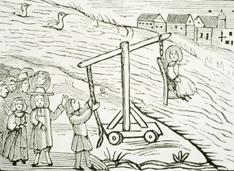 Frau auf einem Tauchstuhl, der Hexerei beschuldigt, Illustration aus einer Sammlung von Heftchen über Esoterik
