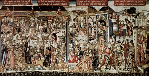 Das Festmahl des Königs Assuerus. Buch Esther: König Assuerus (Xerxes I.) gab den Großen seines Reiches ein prächtiges Festmahl, das mehrere Tage dauerte. Am siebten Tag befahl er, dass Königin Vasti, geschmückt in ihren schönsten Kleidern, erscheinen soll
