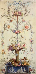 Ein Trompetenstrauß aus Blumen und Früchten, dekoriert mit Blumenkränzen