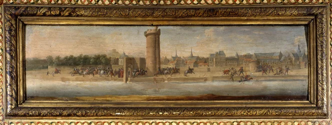 Einzug von Henri IV in Paris: Charles de Cosse Brissac (Cosse-Brissac) öffnete Henri IV (1553 - 1610) die Tür der Konferenz - mittlere Landschaft eines der großen Paneele des Raumes (Landschaft mit 4 Wachteln und 2 Störchen) - Salon de la Meilleraye. Arsen